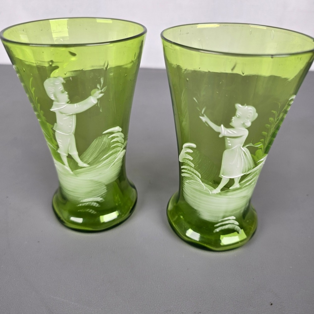 Vintage Mary Gregory Green Glass Tumblers Enamel Boy Girl Scene Set of 2